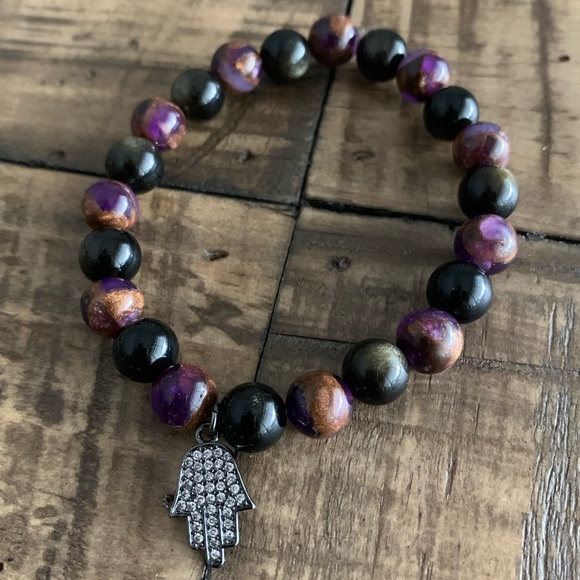 8mm Quartz & Obsidian Hamsa Chakra Bracelet - Picture 2 of 5